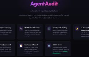 AgentAudit dashboard showing automated security scanners and attack coverage.