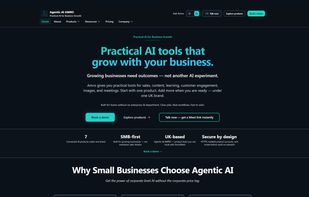 Agentic AI AMRO hub homepage at amroagentic.com, showing the UK AI product suite for sales, support, content, learning, visuals, and meetings.