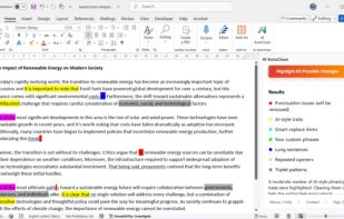 A view of the native Microsoft Word document editing interface showing mechanical writing patterns and overused phrases highlighted locally by the AI AutoClean add-in taskpane.