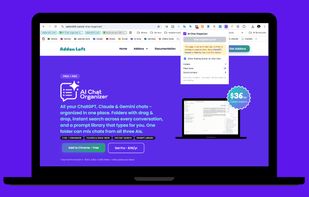 The organizer panel open beside a conversation: folders, drag and drop, search and the prompt library, without leaving the chat.
