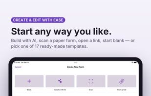 Start with AI, scan a paper form, open a form from its link, start blank or pick one of 17 templates.