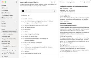 HyNote for Mac showing a recorded meeting transcript alongside structured meeting minutes, decisions, and action items.