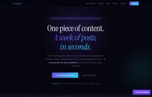 One piece of content. A week of posts, in seconds." with a one-click button to try the repurposer for free.