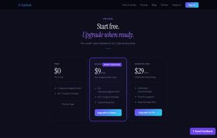 a genuine free tier (no credit card needed), plus Basic ($9/mo) and Pro ($29/mo) plans for higher volume.