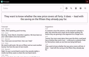 The prompter on a sales call: what the customer has just said on one side, what to say next on the other.