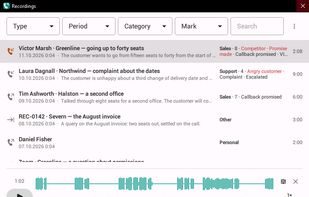 The transcript beside the audio: the speakers kept apart, the line under the playhead lit, and the word being spoken inside it.