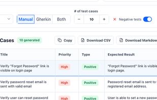 AI Test Case Generator screenshot showing generated manual QA test cases.