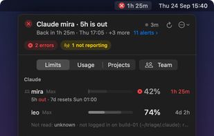 Mac menu bar app: what's left of each Claude, Codex and Grok subscription and when it resets (demo data)
