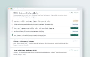 The finder reads your site and writes the questions your customers ask AI, grouped by topic and tagged ready to buy, comparing or learning. You tick what to track.