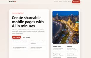Landing page overview showing AI2Work Pages positioning, use cases, and mobile-first page examples.