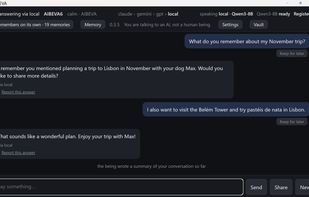 AIBEVA remembers you across conversations — here it recalls a trip you mentioned earlier. The memory stays on your PC.