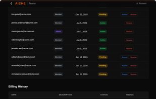 Billing history and team member activity view with role assignments, status tracking, and subscription management