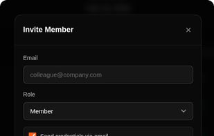 Invite team members via email with role assignment options and credential sharing for seamless onboarding