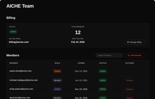 AICHE Team dashboard showing member management, billing status, and subscription overview for organization administrators