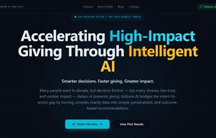 The landing page features a professional dark-themed interface focused on data transparency. It highlights the platform's ability to sync hundreds of data sources to provide secure, AI-driven recommendations for philanthropic donors.