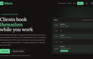 AiKlient website: clients book themselves in Telegram and WhatsApp while you work. Start free.