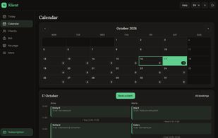 Dashboard calendar: the whole month at a glance with the number of bookings per day.