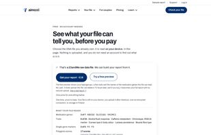 A 23andMe file after the free in-browser check: the buy button, the free preview and the list of what the file reads