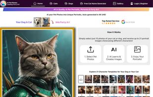 Homepage of AiPetPhotos.com pet portraits generator