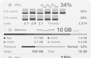 The panel, with per-core CPU load, memory breakdown and the other modules.