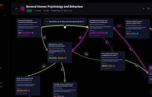 A sample matter on Aktaba, showing multiple notes on a canvas connected by weighted links, demonstrating how the Matters feature can be used to explore something using the notes one has created for deeper analysis and insight