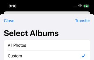 Select specific albums like Photos, Videos, or Live Photos for customized backups.
