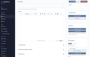 Page editor with integrated AI tools for content generation, automated SEO/AEO metadata management, and native translation workflows.