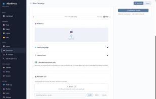 Visual newsletter editor with audience filtering by language or subscription form, featuring AI-assisted subject and content generation.
