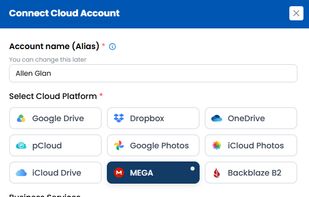 Seamlessly link and configure new cloud storage accounts by entering a custom account alias and choosing from a wide selection of major providers like Google Drive, Dropbox, OneDrive, MEGA, Backblaze B2 and more. 