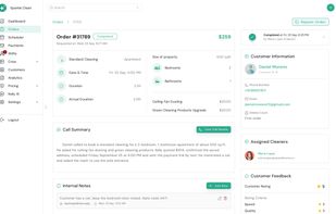Everything about a job on one page: property details, add-ons, the assigned cleaner, internal notes, AI call summary and customer rating