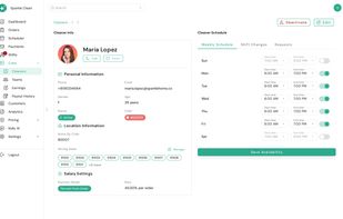 Contact details, service areas, pay settings and weekly schedule for each team member