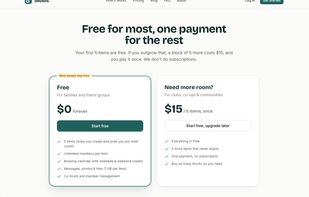 Pricing: the first five items are free, then one-time blocks with no subscription