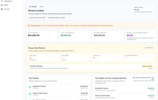 Locked calculation run with payout operations review, totals, exceptions, top payees, and run deltas.