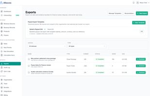 Export workspace showing versioned payout templates, close packages, payee totals, and audit evidence bundles.