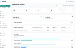 Workspace overview with imported rows, active sources, payees, calculation runs, exports, and revenue totals.