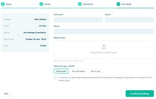 Booking wizard (location ? doctor ? service ? time)