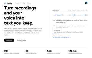 Make recordings and YouTube links become searchable, timestamped transcripts with AI summaries, chapters, and key moments. The preview includes a waveform, timestamped dialogue, and a key takeaway, alongside support for 99+ languages, 10 media formats, files up to 5 GB, and 120 free minutes per month.