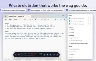 Press your key, talk, press it again: the text is pasted where your cursor was.