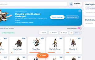 Teacher dashboard: the class at a glance, with points and progress per student.