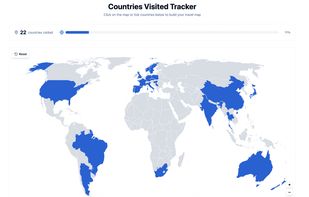 An interactive world map highlighting visited countries in blue, with a progress bar showing 22 countries visited (11%). Users can click countries to build their personal travel map, with zoom controls and a reset button visible.