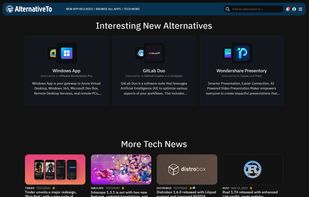 AlternativeTo Dashboard with New Interesting Alternatives, Tech News and People Looking for - Dark Mode