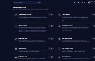 Moderation tools: link filter, caps and spam protection, clips, shoutouts and stream markers