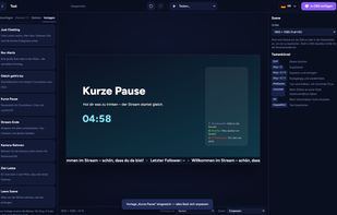 Overlay editor with a ready-made "Short break" scene: countdown, chat and ticker