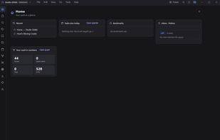 The home dashboard: recent notes, tasks due today, bookmarks, a saved query and your vault in numbers.