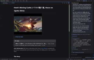 A note open in the editor, with the vault index on the left and the inspector on the right: images, quotes and Japanese text inline, as plain Markdown on disk.