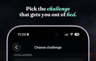 Challenge selection screen with multiple wake-up tasks, including Fog Maze, Tilt Maze, Math Challenge, Lights On, Random Taps, and more.