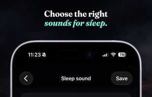 Sleep sound setup screen where you can choose background sounds, ASMR and guided sleep, originals, podcasts, and books for your alarm routine.