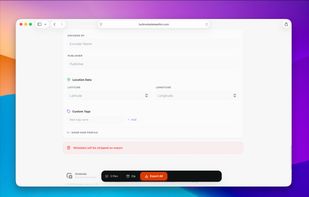 Advanced: Location Data, Custom Tags, and Metadata Stripping (image_0.png)
It features a clear pink alert banner confirming the "Metadata will be stripped on export" functionality, a crucial privacy feature for sanitizing files.
