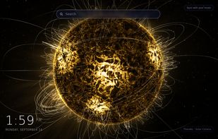 Solar Corona (Pro): a rotating Sun traced with hundreds of moving magnetic field lines.