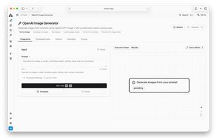 The OpenAI Image Generator AI Tool playground showing prompt inputs, optional settings, execution steps, example outputs, pricing, and scheduling controls.